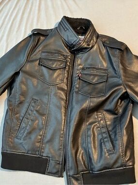 Men's Black Faux Leather Bomber Jacket - Levi XL